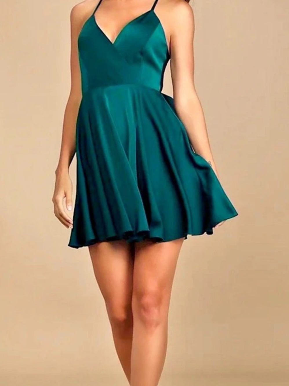 Lulus Add Some Glam Emerald Green Satin Tie-Back Skater Dress Lg Cocktail Event!